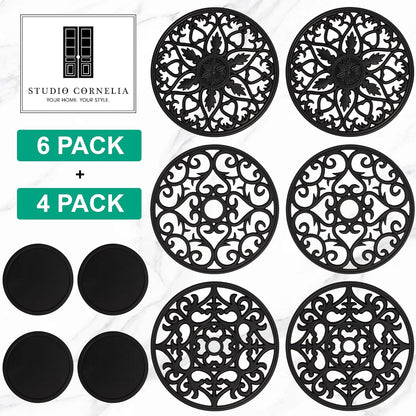 Studio Cornelia's 6 Decorative Heat Resistant Silicone Trivet Mats for Hot Pots and Dishes + 4 Coasters