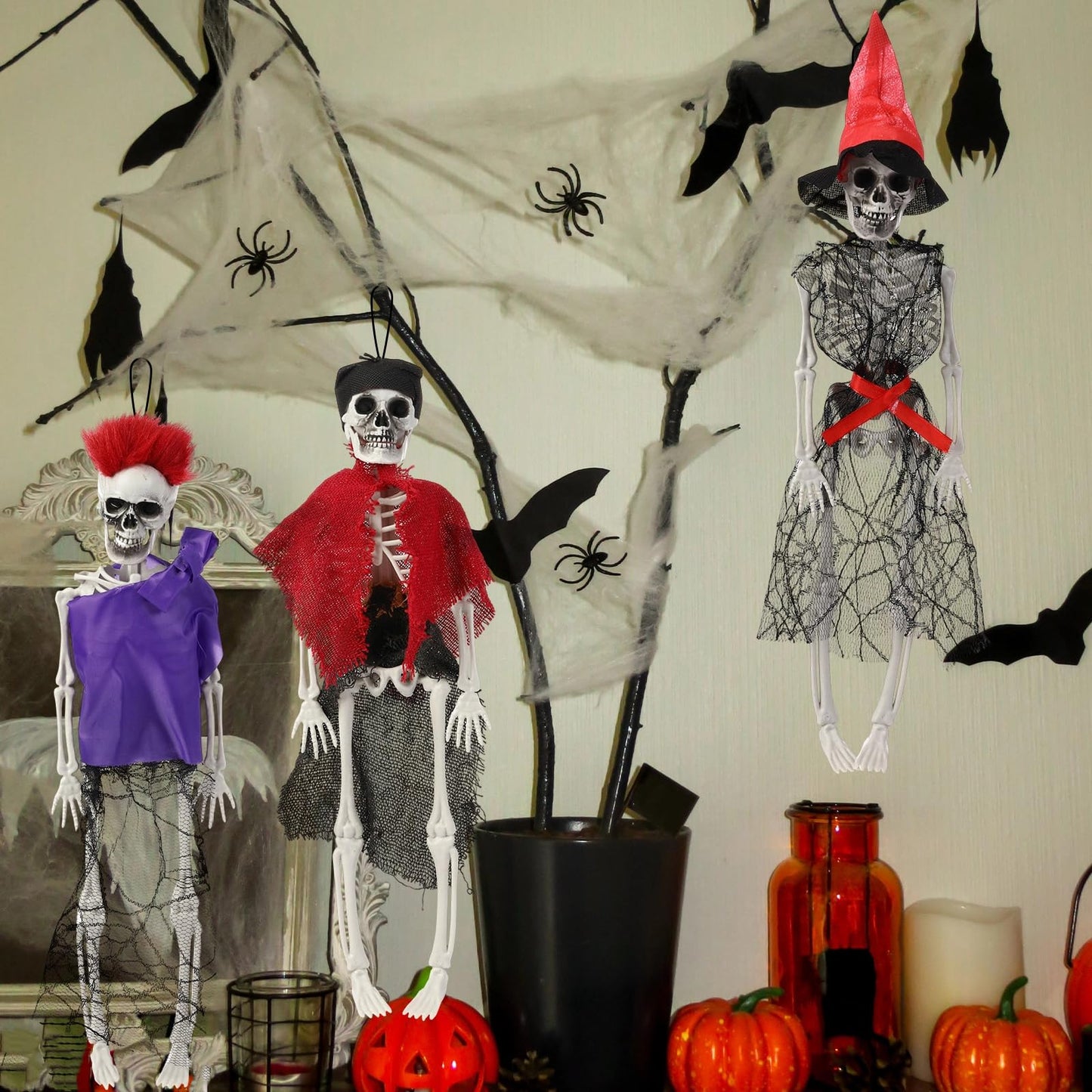 Poen 4 Pack 16" Halloween Hanging Skeleton Decorations Small Full Body Posable Skeletons with Movable Joints Plastic Mini Spooky Decor for Halloween Party Haunted House Lawn Graveyard Props(Pirate)