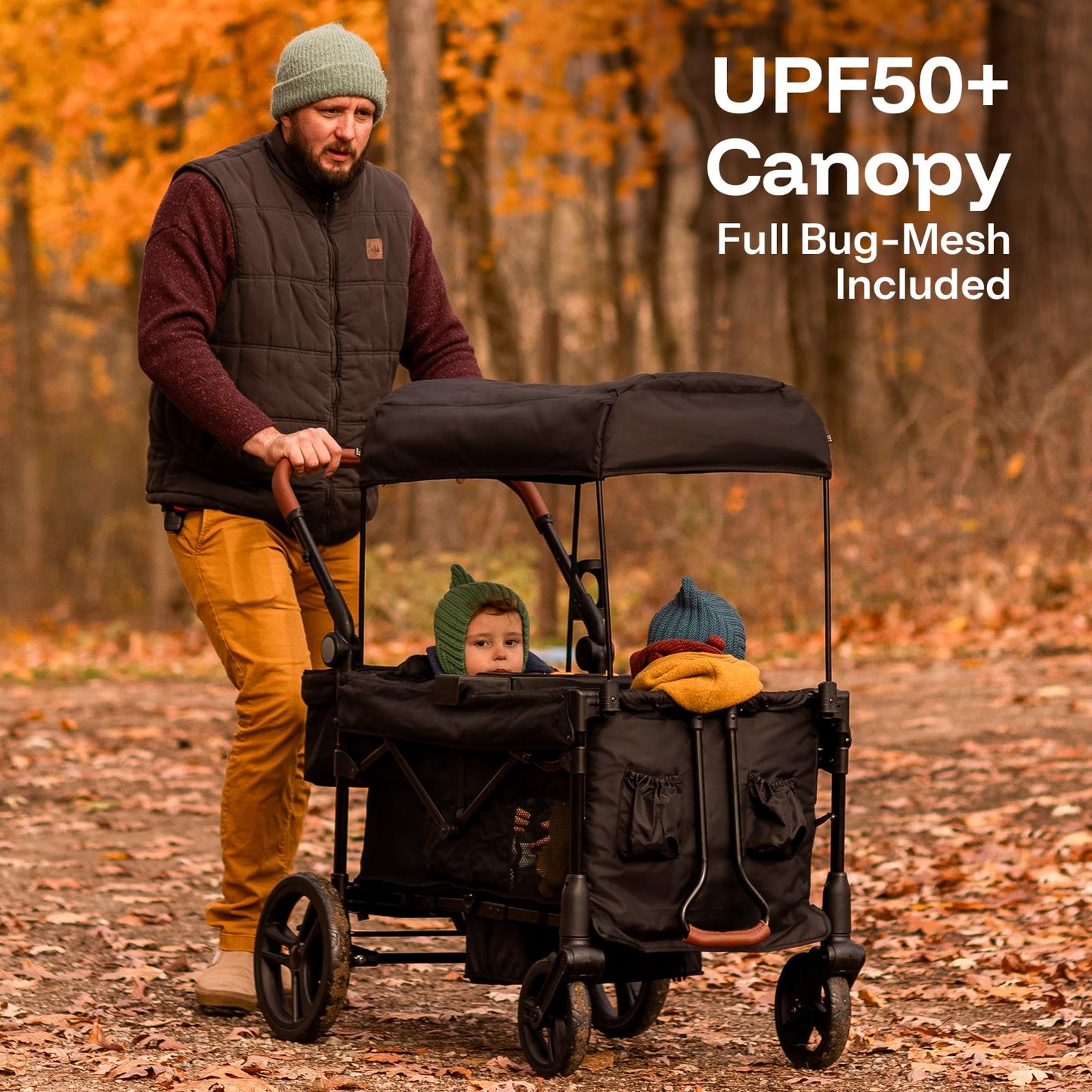 HARPPA Foldable Wagon for Kids, 2 Seater Stroller Wagon with Seats, One-Button Fold, UPF50+ Canopy & Mosquito Net, All-Terrain Wheels, Adjustable Handle, Easy to Store Dark Gray