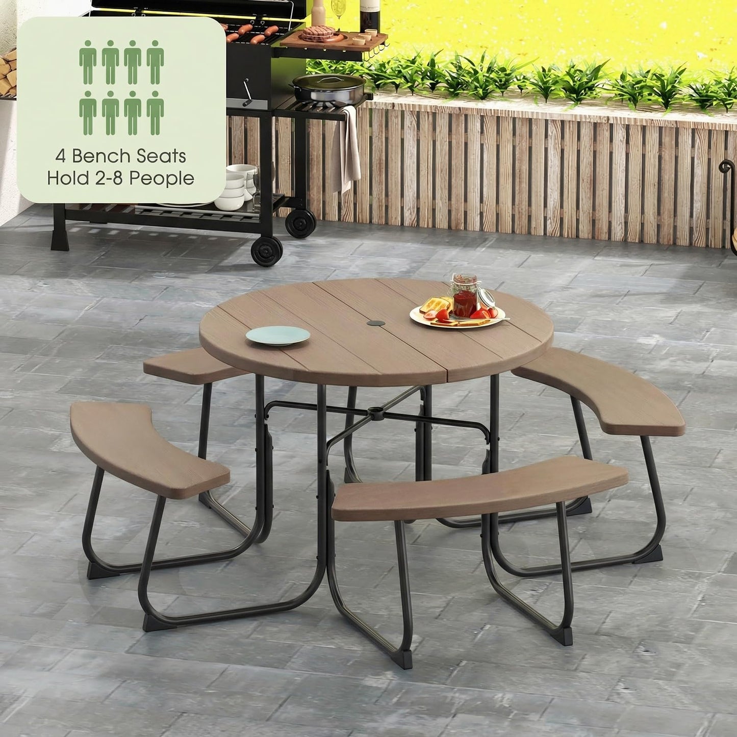 Tangkula 8 Person Picnic Table, Outdoor Round Picnic Table with 4 Built-in Benches, Umbrella Hole, Metal Frame & HDPE Tabletop, Outside Table and Bench Set for Backyard, 2300lbs Weight Capacity
