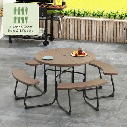 Tangkula 8 Person Picnic Table, Outdoor Round Picnic Table with 4 Built-in Benches, Umbrella Hole, Metal Frame & HDPE Tabletop, Outside Table and Bench Set for Backyard, 2300lbs Weight Capacity