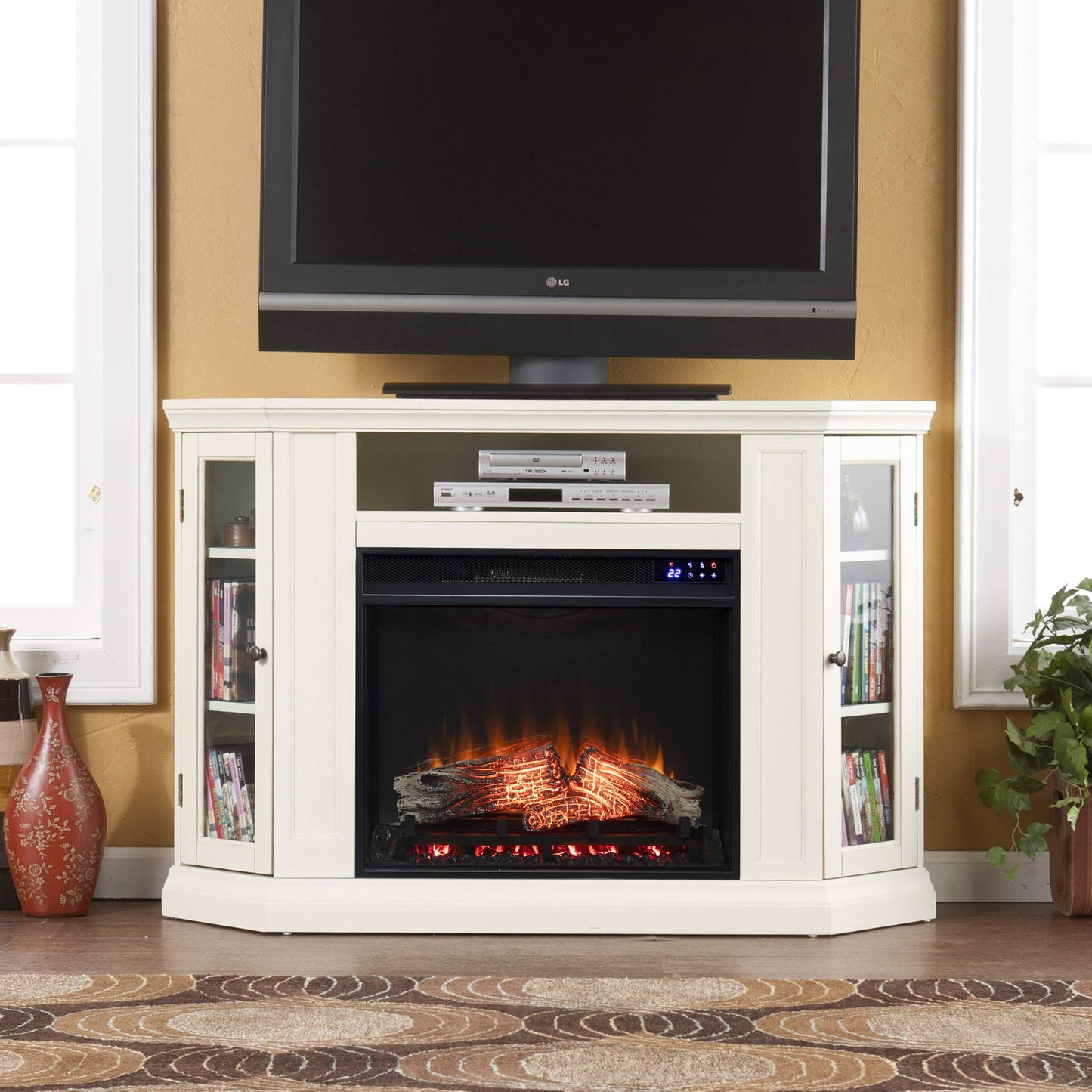 SEI Furniture Claremont Corner Convertible Electric Fireplace with Storage, New Ivory