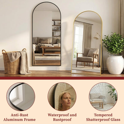 Suidia 88"x44" Arched Full Length Mirror with Stand, Full Body Mirror with Aluminum Frame, Freestanding/Leaning/Wall-Mounted, Floor Mirrors for Bedroom, Living Room, Entryway, Dressing Room, Black