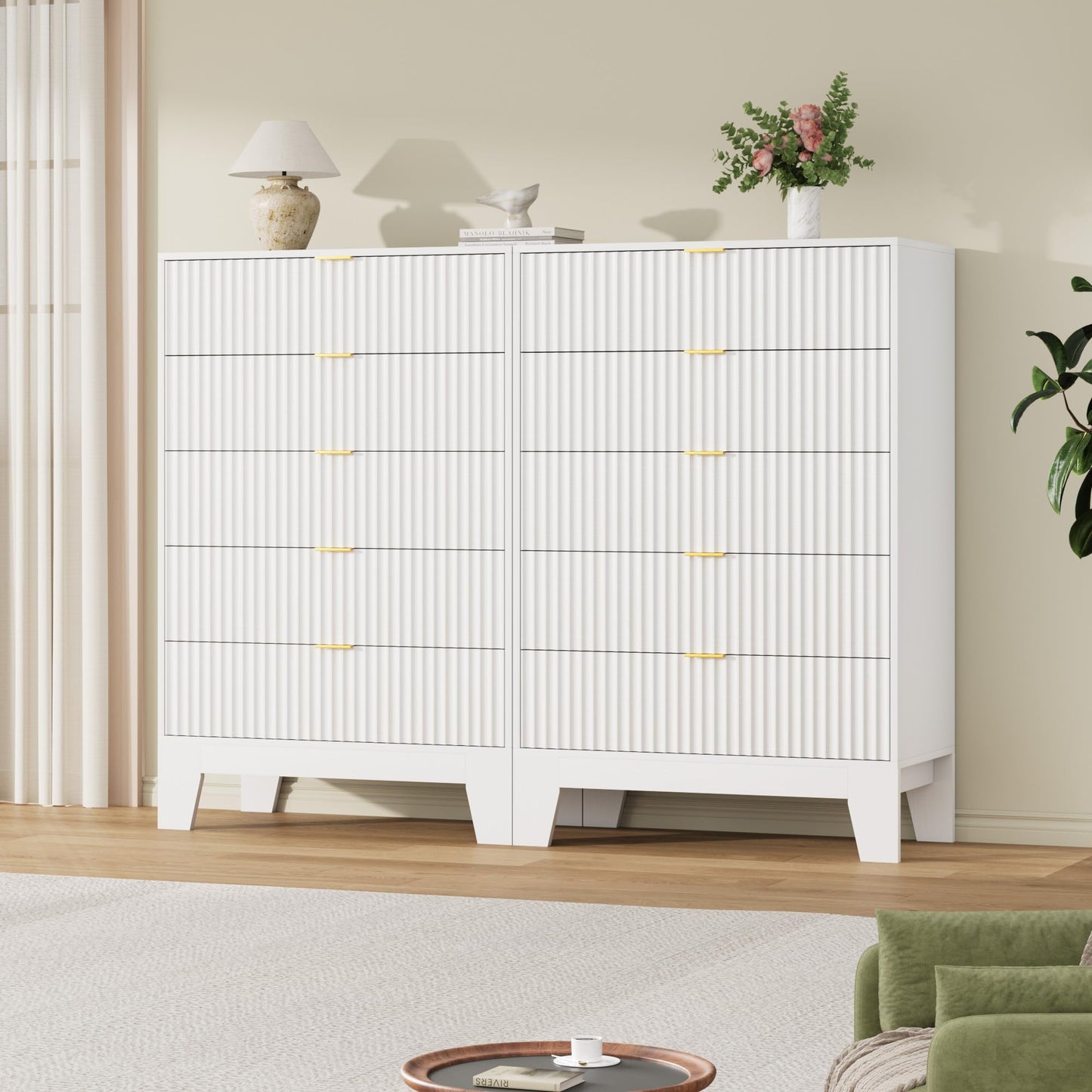 Garvee 5 Drawer Dresser for Bedroom, 47" Tall Fluted Chest of Drawers with Metal Handle, Modern Wooden Dresser TV Stand, Clothes Storage Organizer Wood Closet for Hallway, Entryway, White