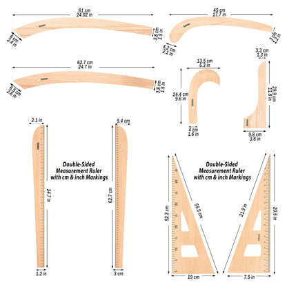 Setchmore 7 Piece Beech Wood Sewing Ruler Set, Wooden Pattern Making & Drafting Tools for Dressmaking Tailoring & Fashion Designer, with Straight Edge, Triangle, French & Hip Curve & Vary Form Curve