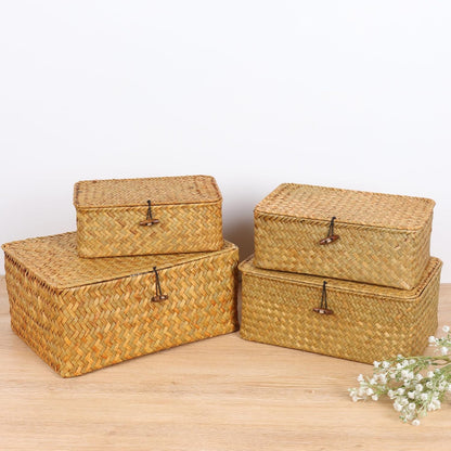 FEIALNDUO Wicker Shelf Baskets with Lid, X-Small Rectangular Handwoven Seagrass Storage Basket Bins for Home Organizer