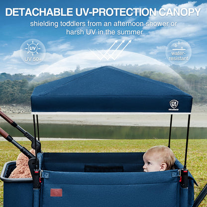 EVER ADVANCED Side-Unzip Wagon Stroller for 2 Kids, Push Pull Stroller with Adjustable Handle, Easy Access Zipper Door, 5-Point Harness Removable UV-Protection Canopy Shock-Absorbing Wheels, Blue