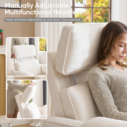 Rhevoy 24" Extra Wide Swivel Rocker Recliner Chair with Adjustable Headrest, Oversized Power Rocker Recliner with Overstuffed Armrest, Chenille Rocking Chair Nursery with USB Ports, Cream
