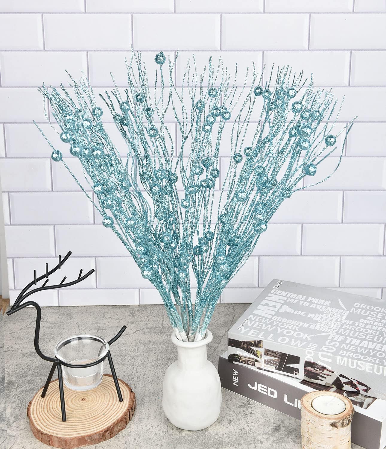 DearHouse 22 Pcs Christmas Glitter Berries Stems, 16.5 Artificial Picks for Holiday Crafts and Home Decoration (Blue)