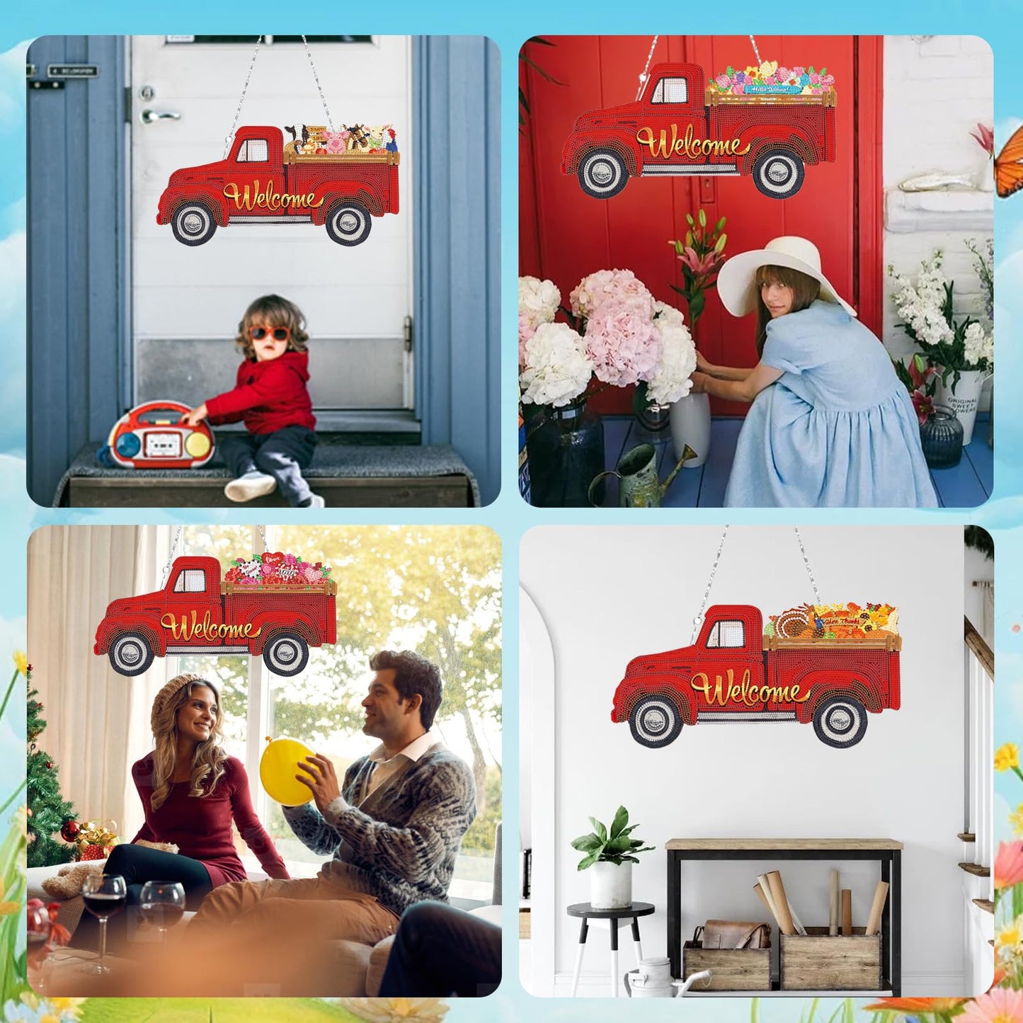 APCGSM 13PCS Interchangeable Diamond Painting Welcome Sign for Front Door Holiday Decor Red Truck Hanging Sign DIY Diamond Art Kits for Adults Interchangeable Seasonal Decor for Home Wall Farmhouse