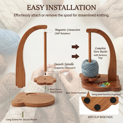Blingcute Wooden Yarn Holder for Crochet and Knitting, 360° Rotating Bear-Shaped Yarn Stand, Anti-Tangle with Flower Base, Marker Tray, Anti-Slip Pads, Crochet Accessories Gift for Women