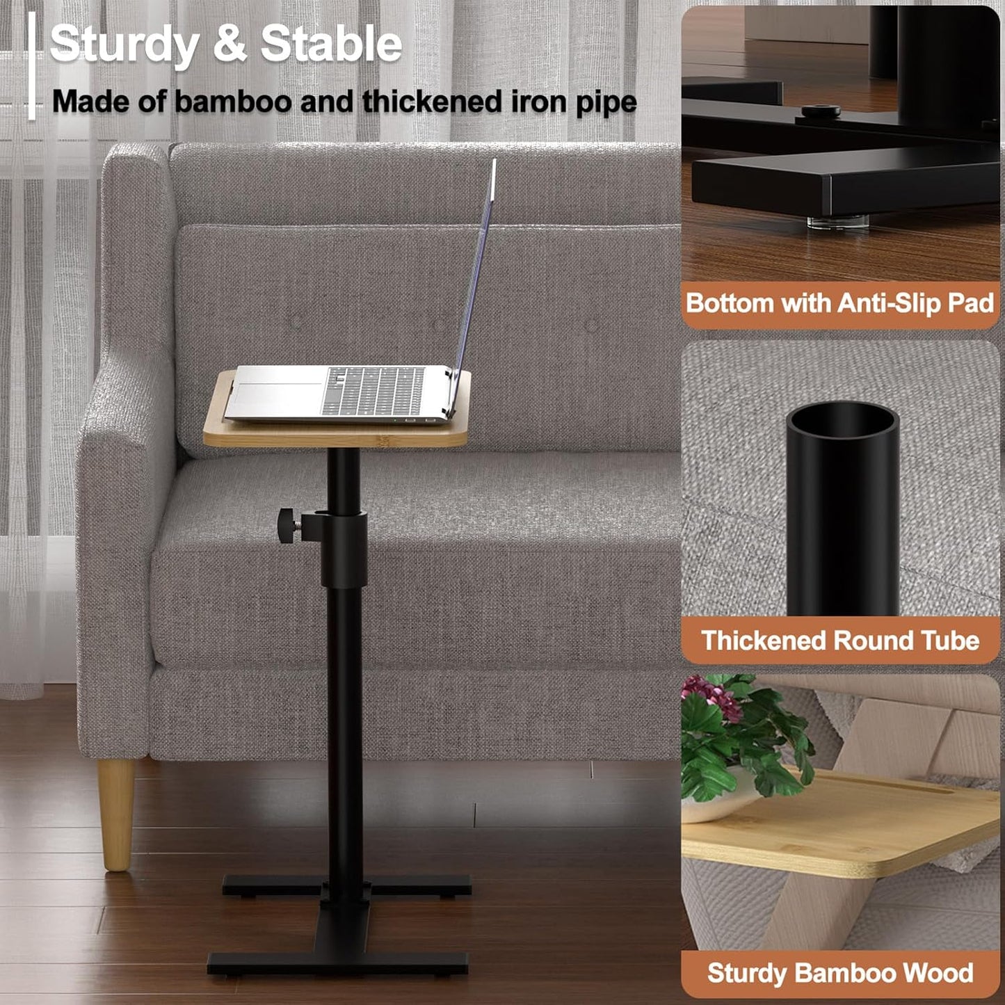 360 (1, Sofa Armrest Tray Table - Bamboo Swivel TV Trays - Height Adjustable Side Table for Bed or Chair with Phone