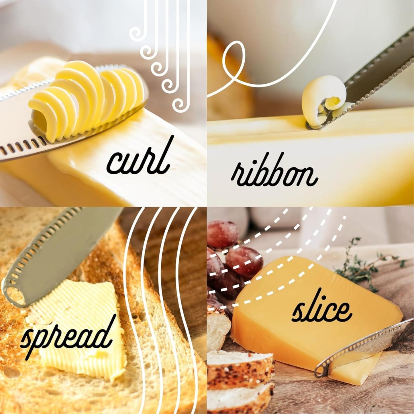 Houseify Ready Butter 3-in-1 Knife, Stainless Steel Serrated with Holes in Blade - Cold Butter Spreader, Curler & Micro Grater, Dishwasher Safe