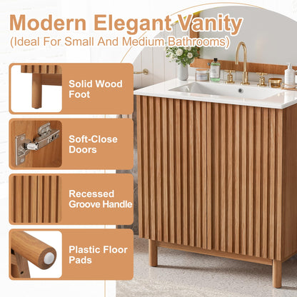 Merax 29.9" Bathroom Vanity with Ceramic Sink, Solid Wood Legs, MDF Cabinet, U-Shaped Adjustable Shelf, Space-Saving Bathroom Storage Cabinet, Traditional American Style
