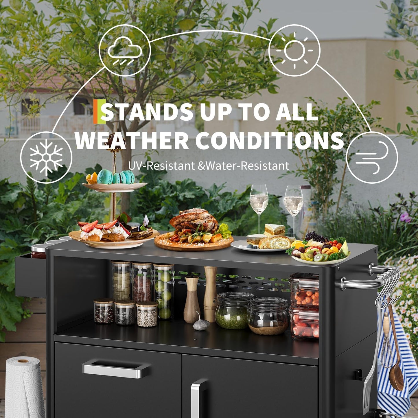 Heavy Duty Outdoor Grill Cart with Stainless Steel Prep Table, Lockable Wheels, Spacious Storage Cabinet, and Island Table Design for Patio or Kitchen Use