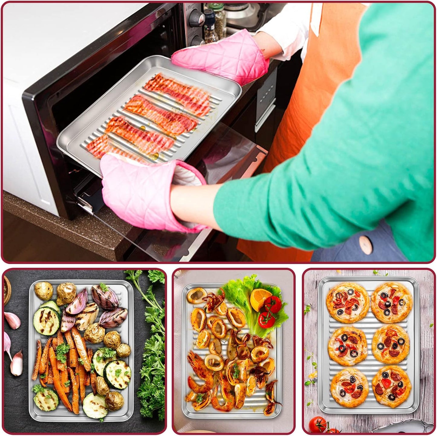 P&P CHEF Mini Toaster Oven Pan Set of 2, 9 x 7 x 1 Inch Stainless Steel Small Baking Cookie Pan for Cooking & Roasting