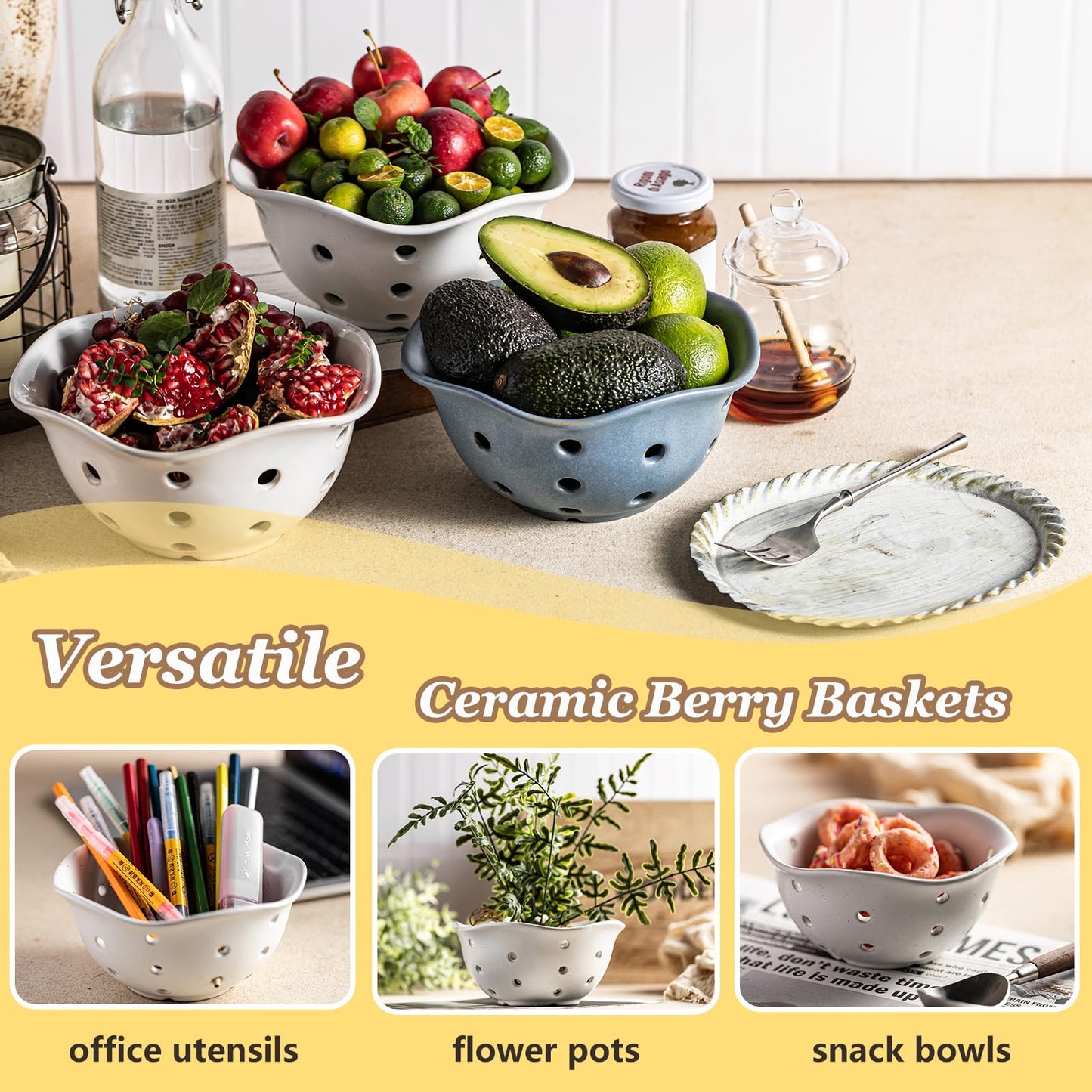 Gomakren Ceramic Berry Basket Set of 2, Rustic Fruit Basket Container 6 Inch, Fruit Bowl with Holes for Kitchen, Berries, Strawberry, Grape, Cherry, Mothers Day Gifts, Floral Shape - Cream White