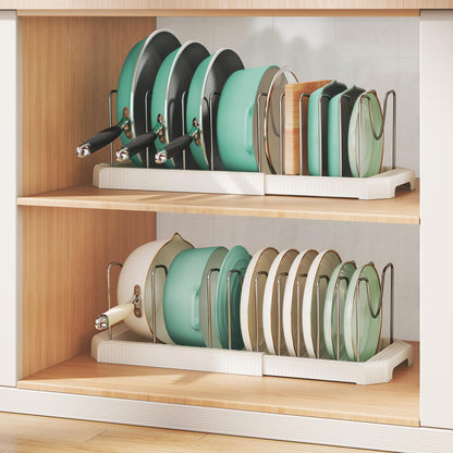 Pots and Pans Organizer for under Cabinet, Pan Pot Organizers inside Cabinet, Expandable Organizer with 10 Adjustable Dividers for Cookie Sheets, Cutting Boards, Pot Lids, Cookware - Frying Pan Rack
