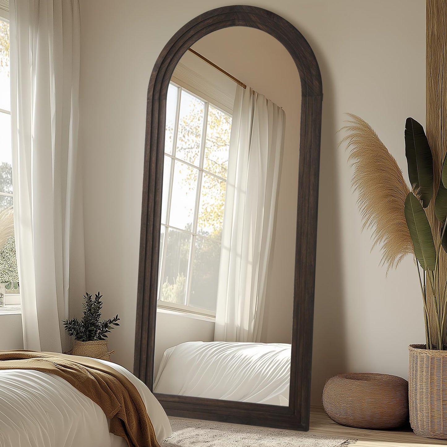 Rustic Standing Full Length Mirror Wood Frame, 71"X32" Large Arched Floor Mirror with Stand, Farmhouse Wood Mirror Full Length for Bedroom Living Room Entryway, Leaning or Wall Mounted, Brown