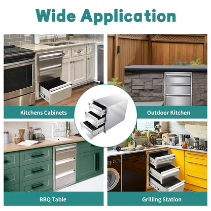 Outdoor Kitchen Drawers 14" W x 21" H x 23" D Stainless Steel Drawer BBQ Triple Drawers with Hidden Handle for Outdoor Kitchen Island, Patio Grill Station