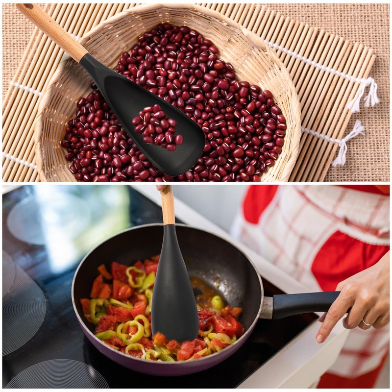 【2 Pack】Silicone Cooking Spoon for Nonstick Cookware - Wooden Handle Kitchen Spoon for Mixing, Flipping, Scraping & Serving - Heat-Resistant Spatula for Baking, Stirring (11.4'' Black 2-Pcs)