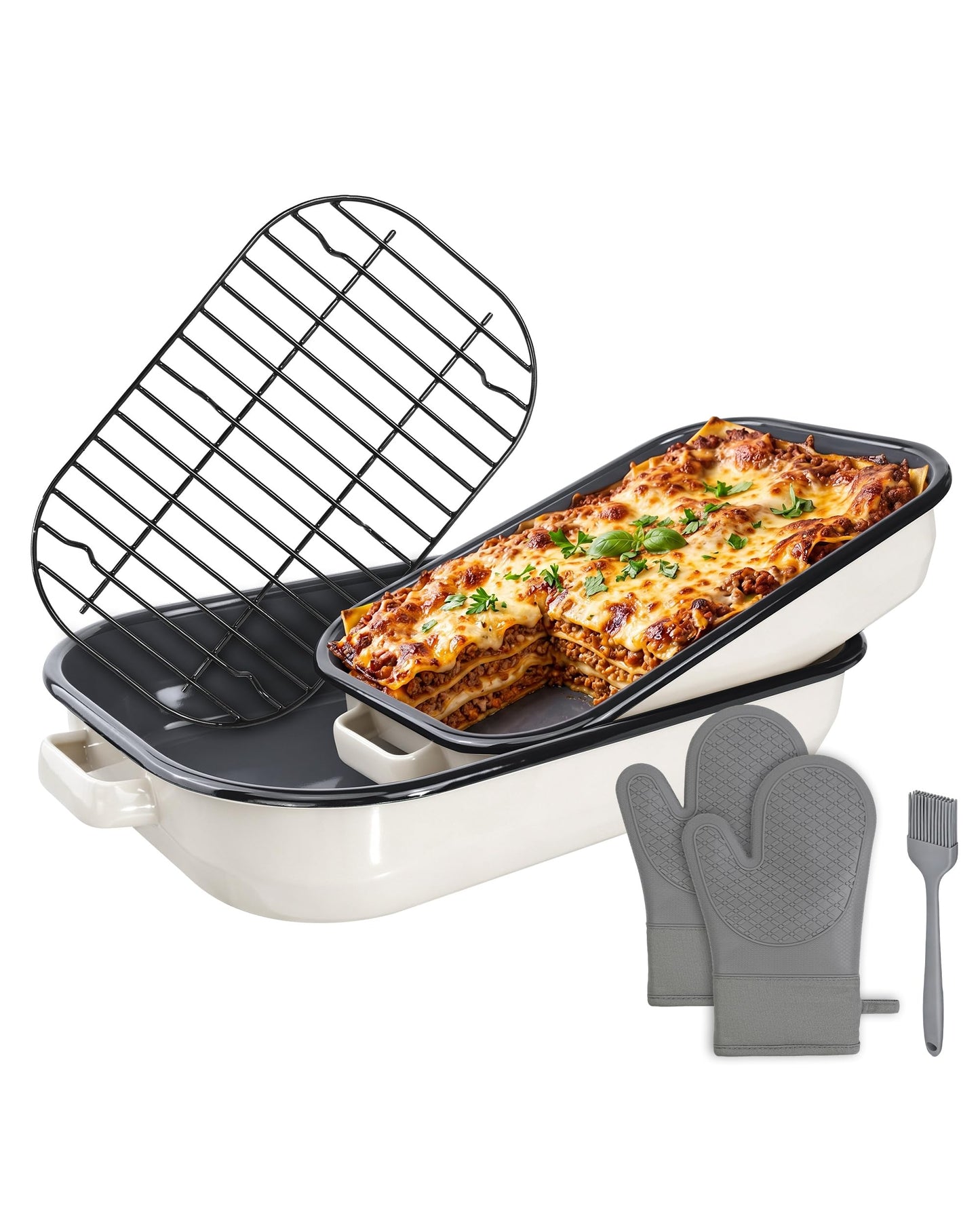 MCCSI Roasting Pan for Oven with Rack 6-Piece Enamel Lasagna Baking Dishes Set 14&17 Inch, 572°F High Temperature Resistance Dishwasher Safe Non-Stick Deep Turkey Roaster Pan Mothers Day Gift Bakeware