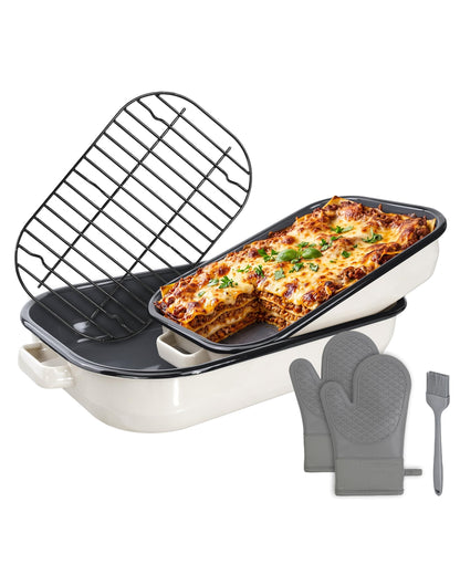 MCCSI Roasting Pan for Oven with Rack 6-Piece Enamel Lasagna Baking Dishes Set 14&17 Inch, 572°F High Temperature Resistance Dishwasher Safe Non-Stick Deep Turkey Roaster Pan Mothers Day Gift Bakeware