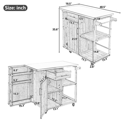 Outdoor Kitchen Island Cart with Stainless Steel Top, Rolling Grill Table with Storage Cabinet Drawer Shelves and Towel Rack, Wooden BBQ Prep Station with Lockable Wheels for Patio Backyard, Grey