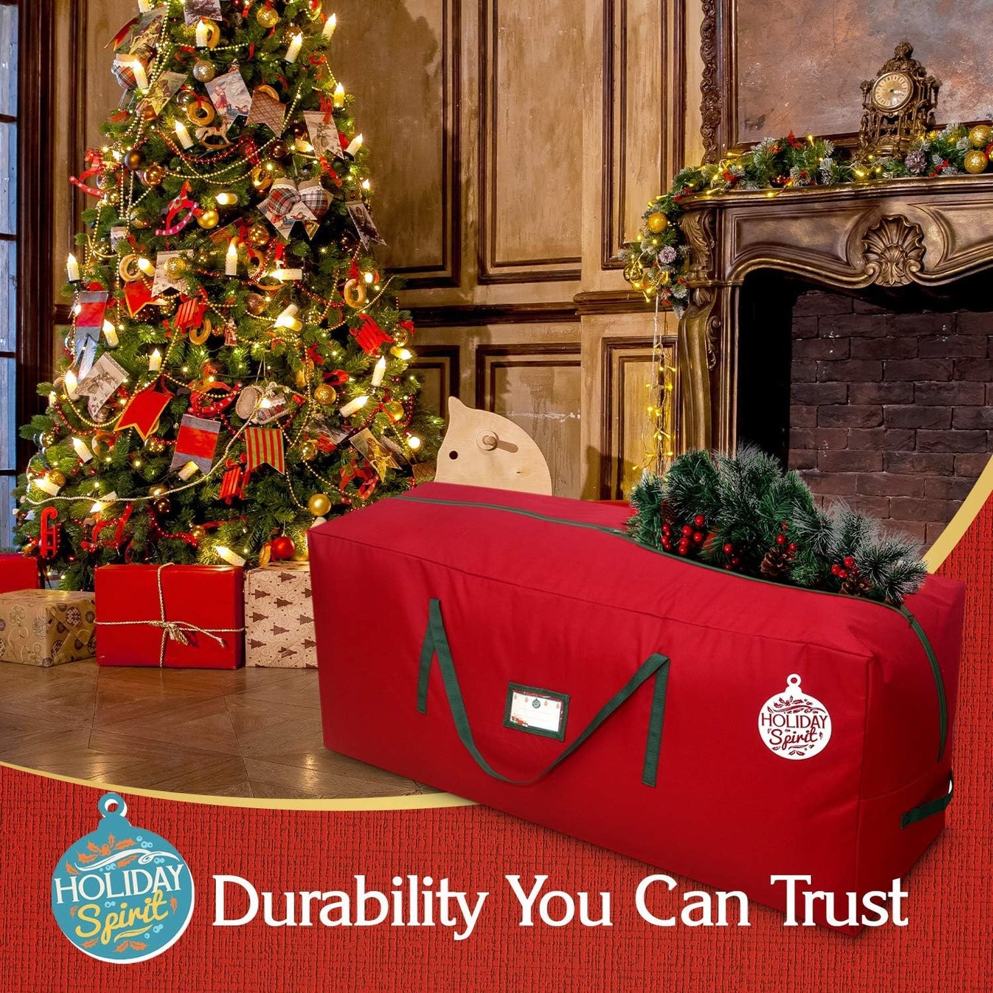 HOLIDAY SPIRIT Heavy-Duty Christmas Tree Storage Bag, Waterproof with Reinforced Handles & Zipper, Fits 7.5FT Tree, Red