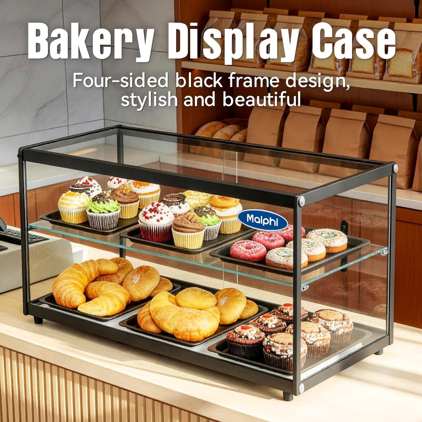 Malphi 29in. Tiered Pastry Bakery Display Case with Glass Shelf and Sliding Door,3cu. ft. Capacity|Large Bread Cookie Display Box | 29.3" x 15.3" x 15.4"
