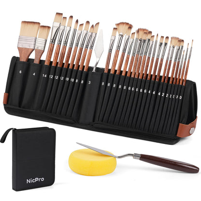 Nicpro 30pcs Paint Brush Set, Professional Paintbrushes with Paint Spatula & Self-Standing Case, Craft Paint Brushes for Acrylic Painting, Oil, Watercolor, Gouache, Art Supplies for Artists Beginners
