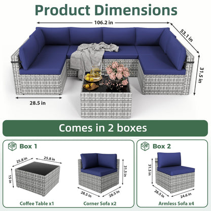 PATIOPIA 7-Piece Outdoor Sectional Sofa Set, Weather-Resistant Patio Furniture Set with Washable Cushions and Coffee Table, Grey Rattan Patio Conversation Set for Poolside, Backyard, Deck (Navy Blue)
