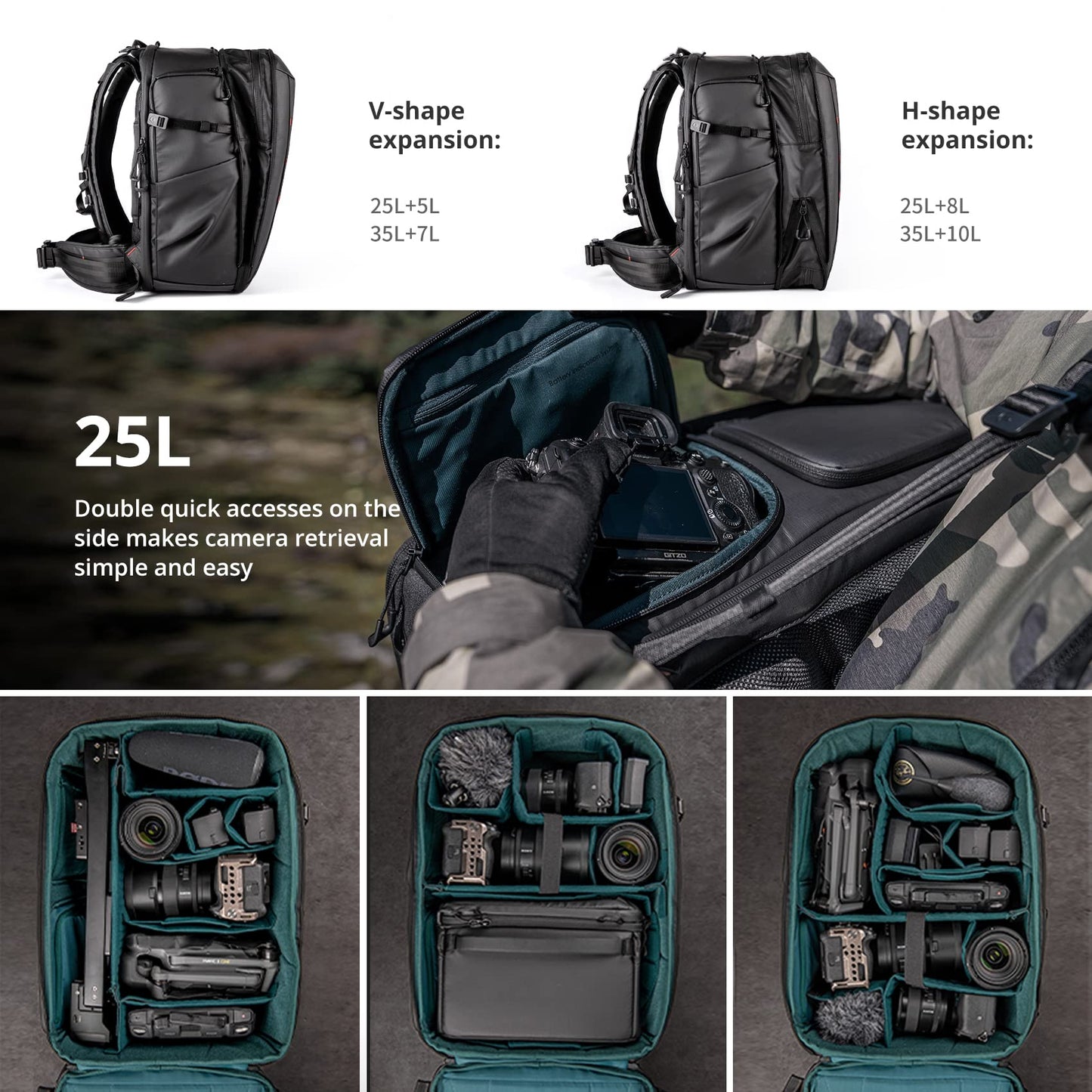 PGYTECH OneMo 2 25L-33L Camera Backpack with Shoulder Bag+Wash Pouch Hanging Toiletry Bag for Men, Waterproof Dopp Kit Travel Makeup Bag Organizer for Toiletries & Cosmetics, Black