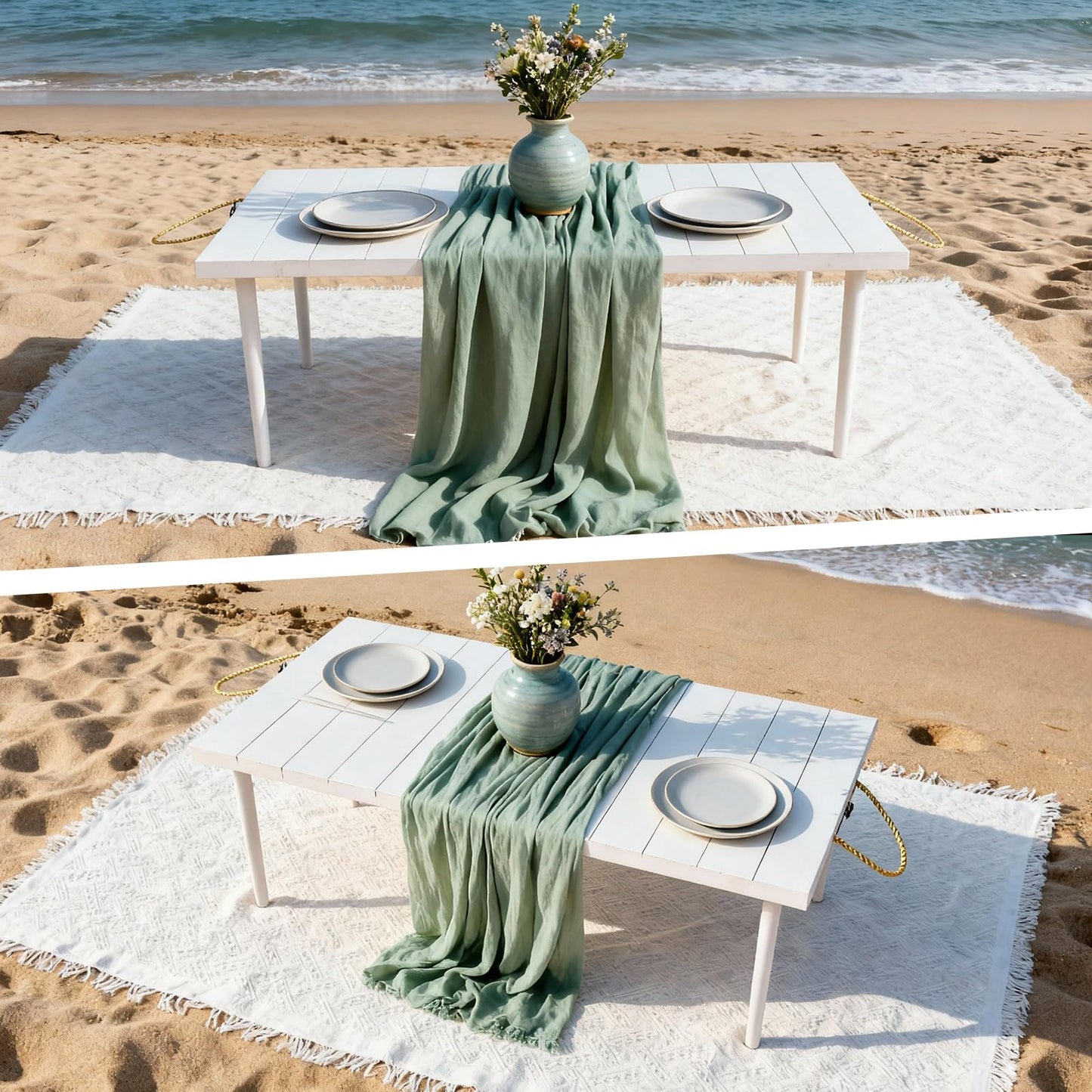 Hahafelt 2 Set Low Picnic Table, Foldable Boho Picnic Table with Extra Large Outdoor Camping Blanket Portable Boho Wood BBQ Tables for Camping Wedding Beach BBQ Party (44.1''x22.1''x12.9'',White)