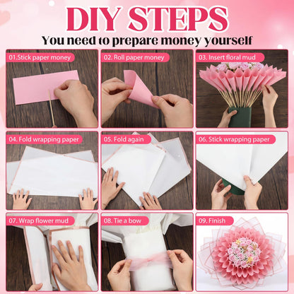 Marspark Graduation Money Bouquet Flower Kit Gift Included 20 Sheet Flower Wrapping Paper 36 Fake Flowers 100 Bamboo Skewer Floral Foam Block for Mother's Day Anniversary Wedding(Pink,Classic)