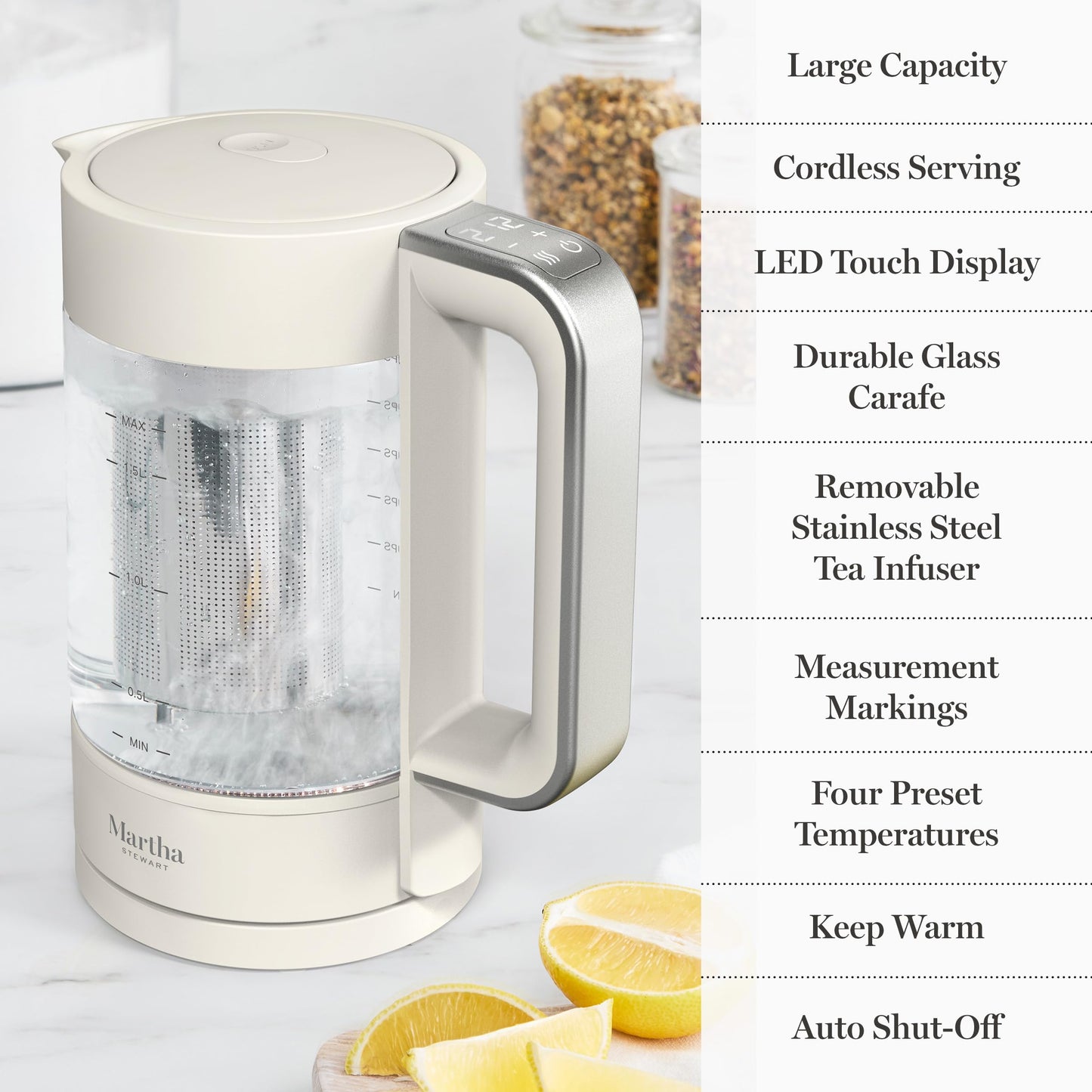 Martha Stewart  Electric Kettle with Removable Stainless Steel Tea Infuser, Glass Carafe 1.7L (7 Cups), Hot Water Boiler, 4 Presets, Keep Warm & Auto Shut-Off, Cordless 360° Swivel Base, Linen White