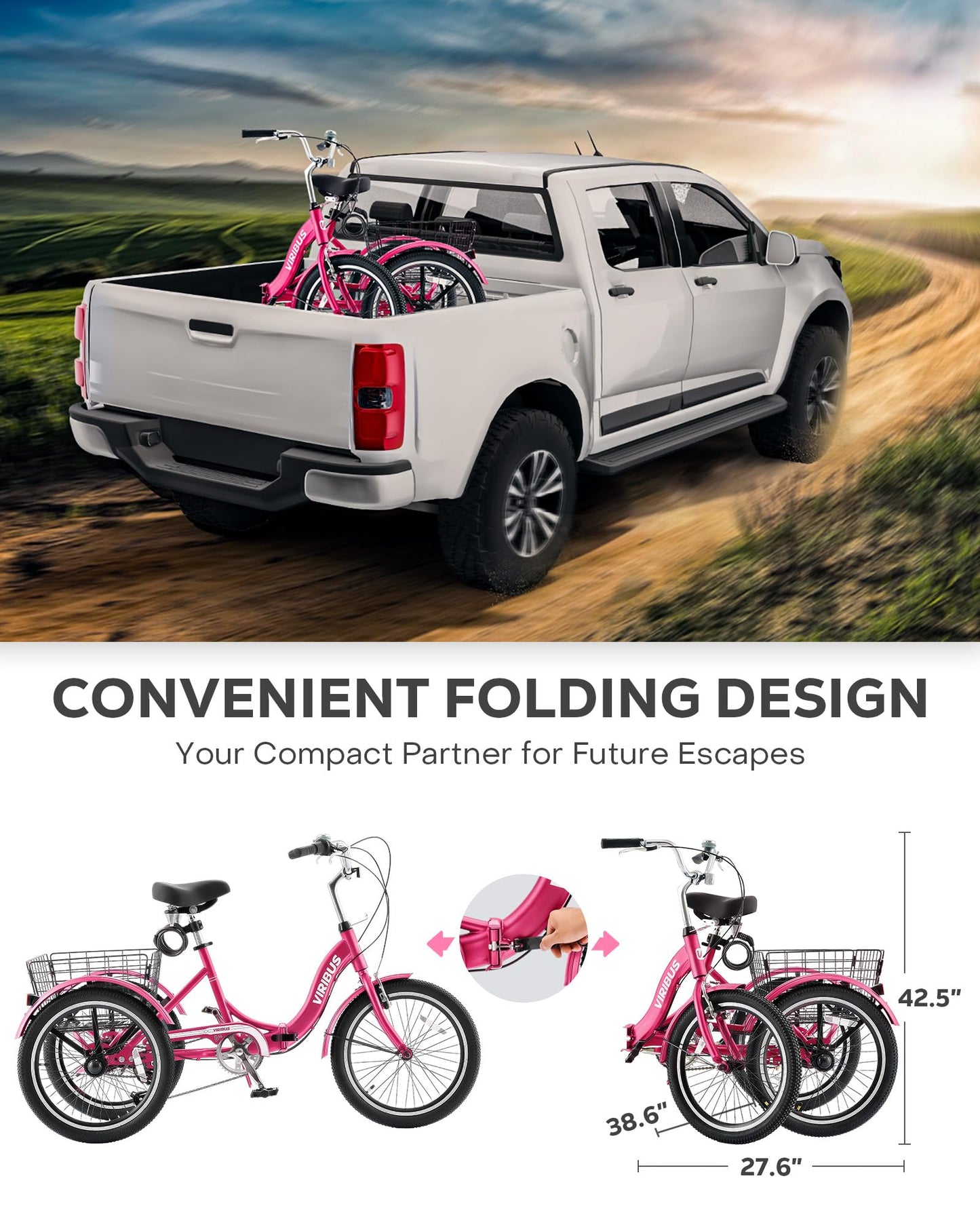 VIRIBUS Folding Tricycle for Adults, 7 Speed 20 Inch Mini Foldable 3 Wheel Bikes for Women Seniors with Dual Chain & Low Step-Through Frame, Collapsible Trike with Cargo Basket, 330 lbs, Hot Pink