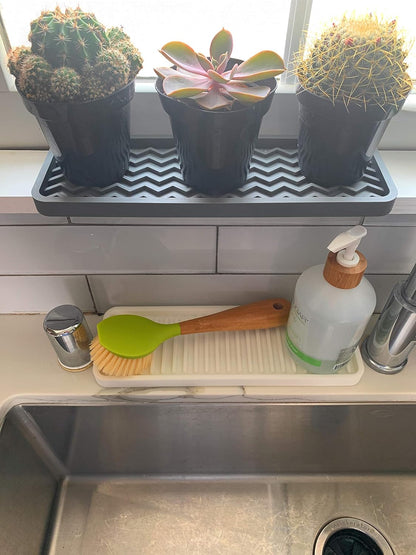 Happitasa Silicone Kitchen Sink Organizer Tray, Sponge Holder and Soap Dish, White, 12" x 4", Zigzag