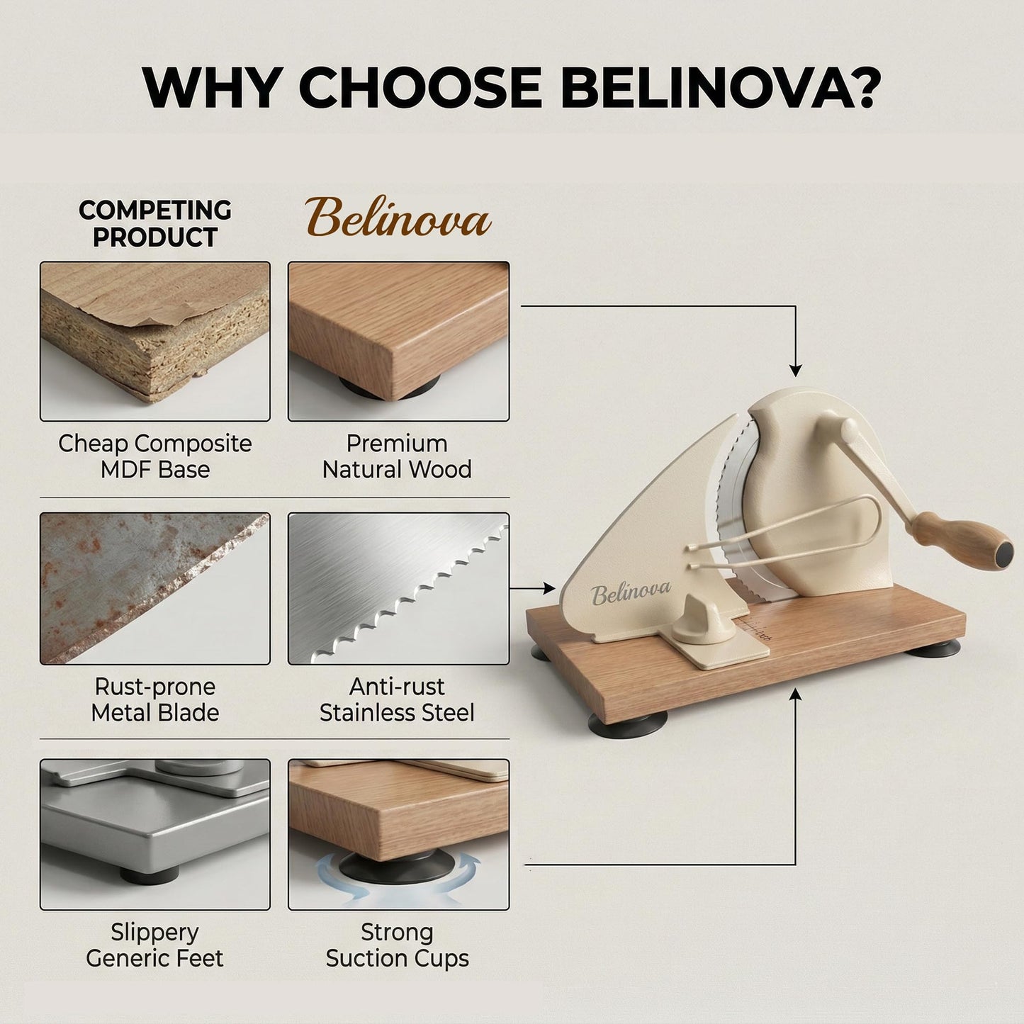 Belinova Manual Bread Slicer for Homemade Sourdough & Bagels, Adjustable Thickness Hand Crank Bread Cutter with Anti-Jam Guide Plate, Solid Wood Base & Rust-Proof Stainless Steel Blade