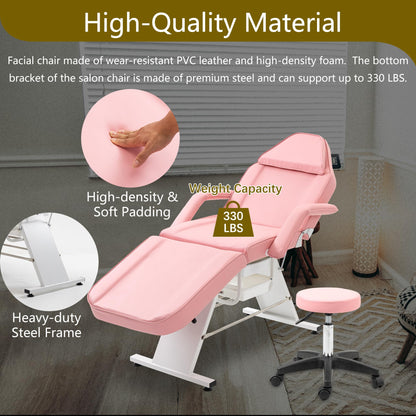 KEIKI Massage Salon Tattoo Chair Esthetician Bed with 2 Tray, Hydraulic Stool, Wide Leg Multi-Purpose 3-Section Facial Bed Table with Adjustable Barber Spa Beauty Equipment, Easy Assembly, Pink