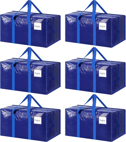 Skiennix Extra Heavy Duty Moving Bags - Large Sturdy Storage Totes with Strong Zipper & Comfortable Handles | 6 Pack, Blue