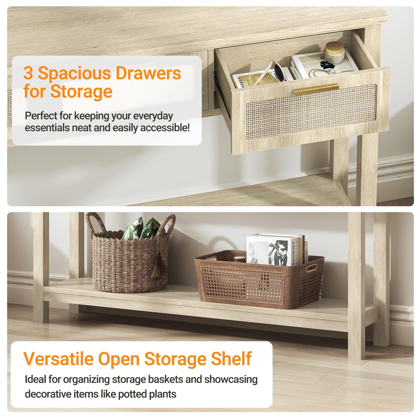 ELYKEN Rattan 51.2" Console Table with 3 Drawer, Entryway Table with Drawer & Shelf, Boho Sofa Table Behind Couch Foyer for Living Room, Hallway, Natural Wood