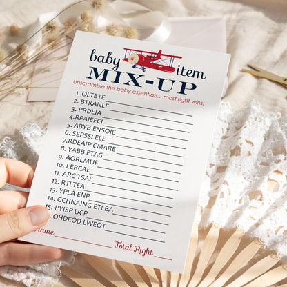 Airplane Baby Shower Games for Boys, Word Scramble Activity, 25 Cards, Adventure Theme in Red and Blue