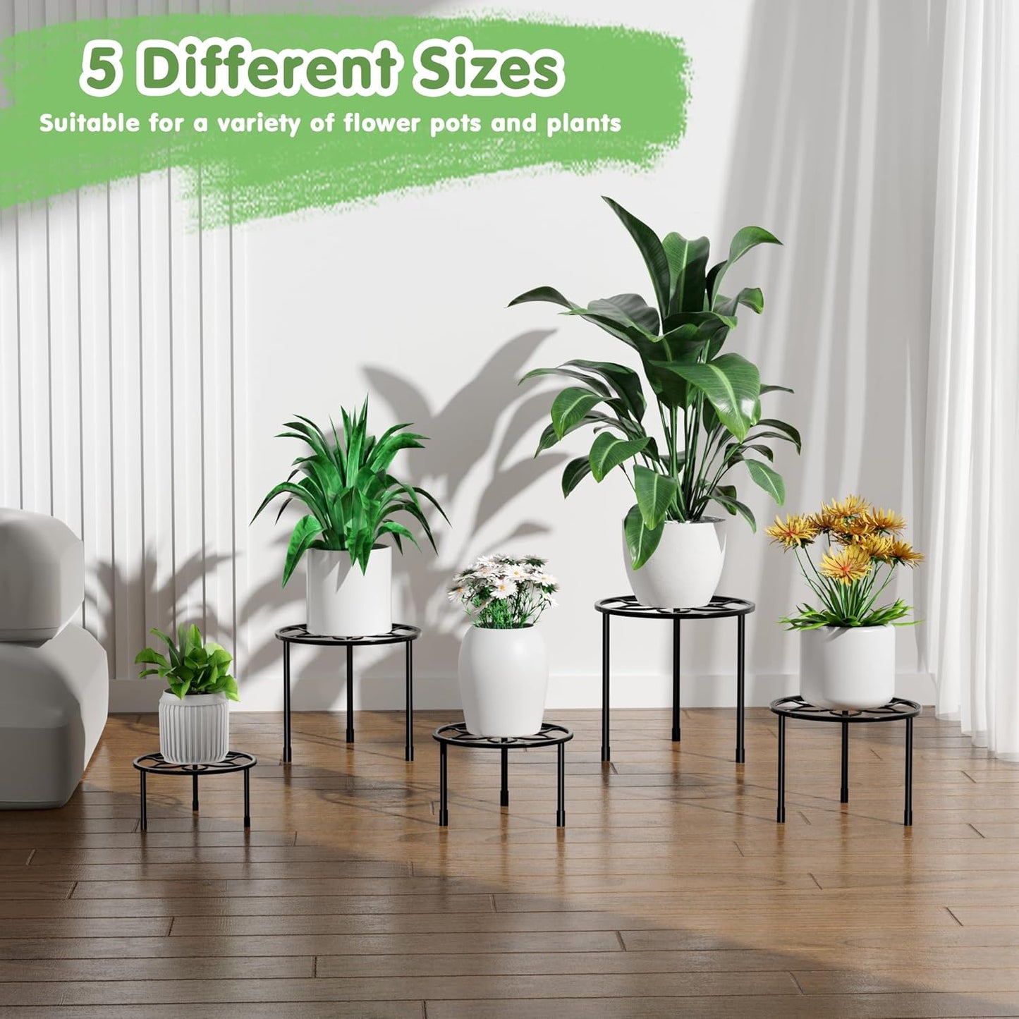 Set 5, VECELO Metal Plant Stands of Multiple Heavy Duty Flower Pot Stand, Round Plant Holder, Black