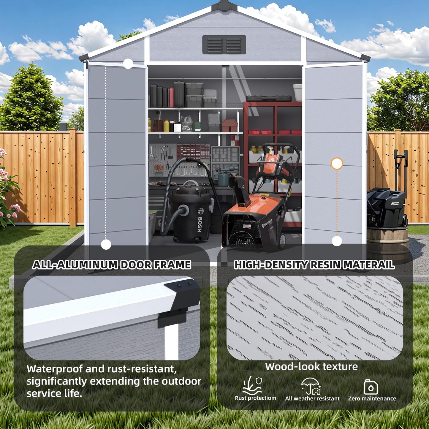 MELLCOM 8 x 10 FT Resin Outdoor Storage Shed with Windows, Outdoor Storage Tool Shed with Floor and Lockable Door, Resin Garden Shed for Garbage Can, Bike, Lawnmower