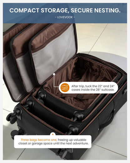 LOVEVOOK 3-Piece Set(22/24/28) Softside Luggage Suitcase with 15.6 Inch Laptop Compartment, Suitcase with Spinner Wheels, Large Capacity Luggage with TSA Lock for Business &Family Trip Travel, Black