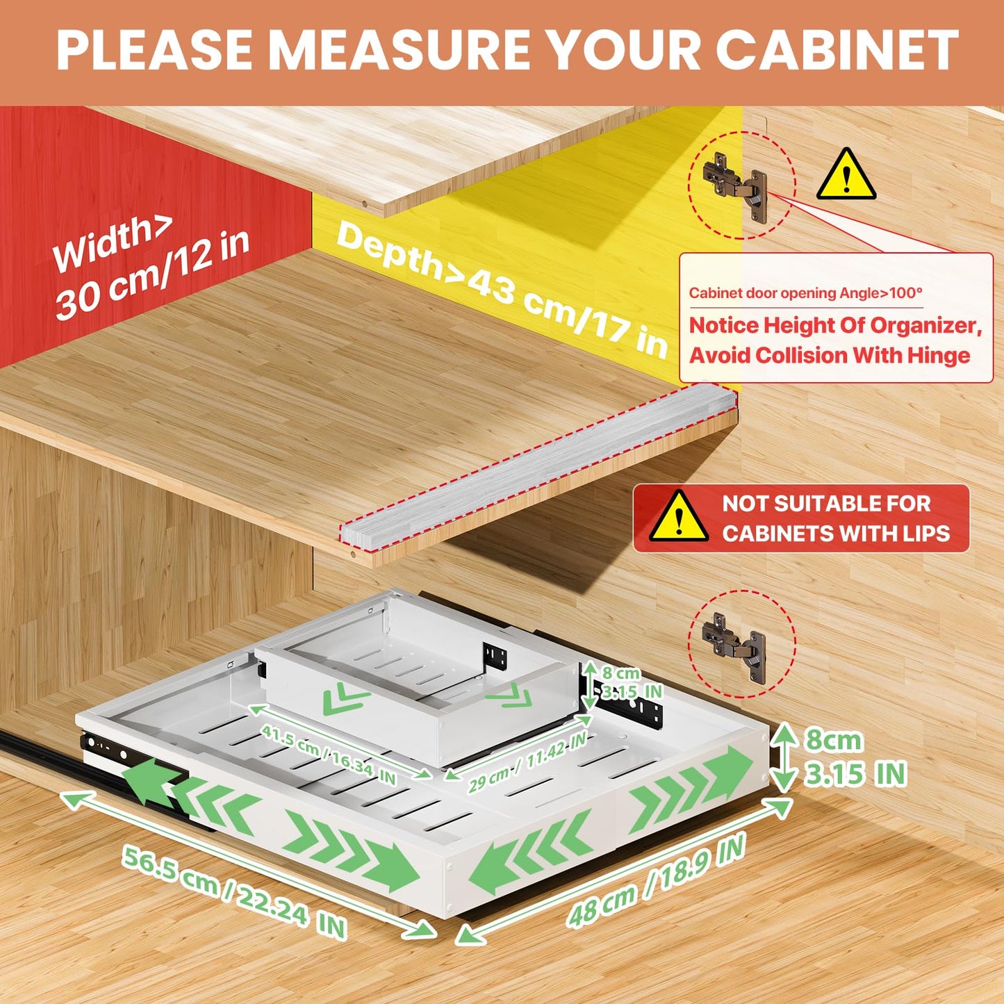 BUFOR 2 Pack Pull out Cabinet Organizer, Width (12"-19") Depth (17"-23"), with 3 Rails Adjustable Slide, Expandable Pullout Drawers for Cabinets, No Drill Adhesive Kitchen Drawers for Pantry Shelves