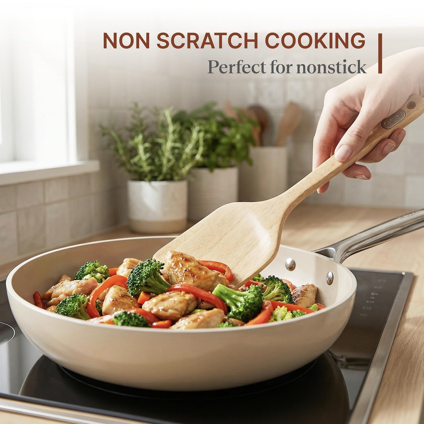 Koppen Rubber Wood Kitchen Utensils Set, Durable Wooden Cooking Spoon and Spatula Ladle for Nonstick Cookware, Non Toxic, Heat Resistant, Smooth Grip, Modern Elegant Design for Everyday (7 Piece Set)