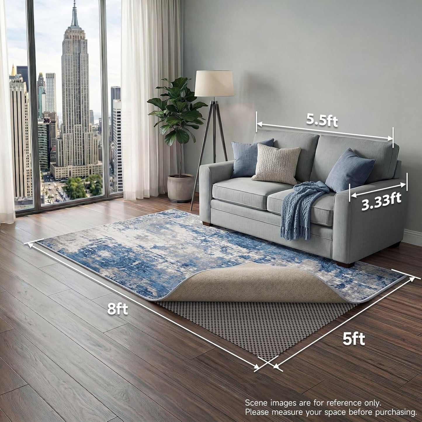 Veken Rug Pad Gripper - Non-Slip 5x8 Ft Thick Mat for Hardwood & Tile Floors - Dark Grey Anti-Skid Design