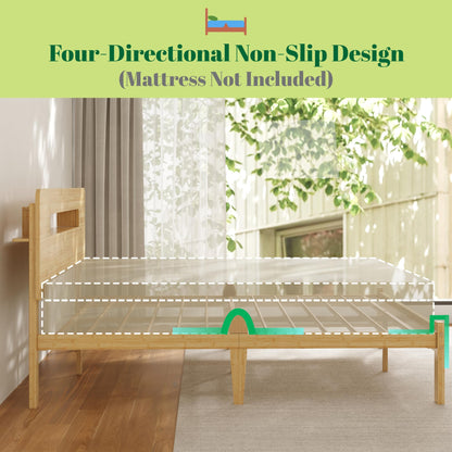 Askeld Wood Full Bed Frame with Storage Shelf Headboard, 14 Inch High Bamboo Platform Bed No Box Spring Needed, Mid-Century Heavy Duty Bedframe, Easy Assembly, Noise Free